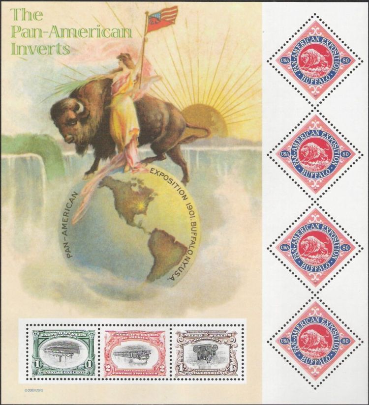 Sheet of seven U.S. postage stamps reproducing poster stamps and designs of inverted stamps from 1901 Pan-American Exposition series