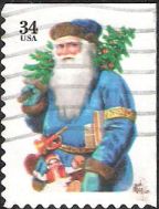 34-cent U.S. postage stamp picturing Santa Claus holding tree and horn