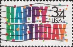 34-cent U.S. postage stamp picturing words 'Happy Birthday'
