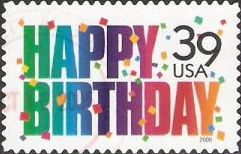 39-cent U.S. postage stamp picturing words 'Happy Birthday'