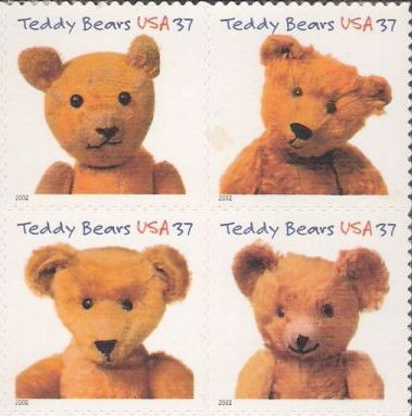 Block of four 37-cent U.S. postage stamps picturing stuffed toy bears