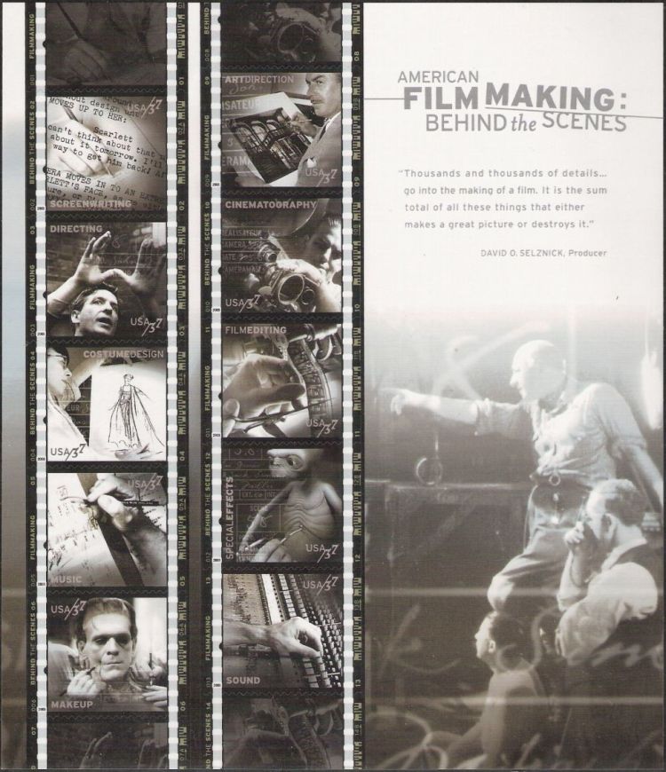 Sheet of 10 stamps picturing subjects related to making movies