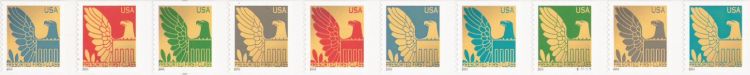 Strip of 10 non-denominated 25-cent U.S. postage stamps picturing eagles