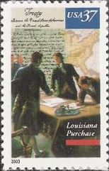 37-cent U.S. postage stamp picturing American and French representatives negotiating Louisiana Purchase