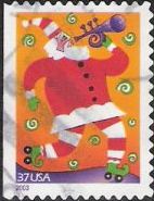 37-cent U.S. postage stamp picturing Santa Claus playing trumpet