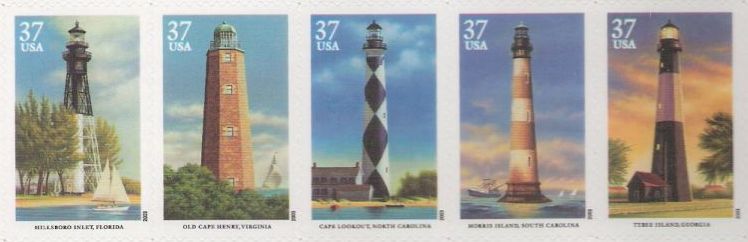 Strip of five 37-cent U.S. postage stamps picturing lighthouses