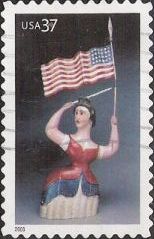 37-cent U.S. postage stamp picturing figure of woman with American flag and sword