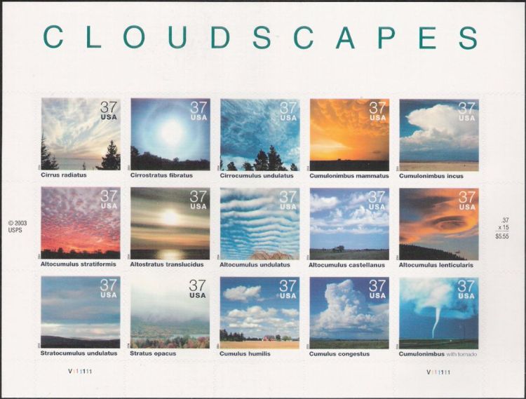Sheet of 15 37-cent U.S. postage stamps picturing clouds