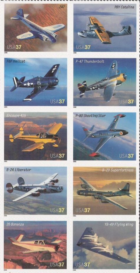 Block of 10 37-cent U.S. postage stamps picturing airplanes