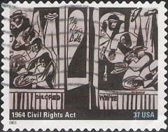 Black & gray 37-cent U.S. postage stamp picturing people inside building