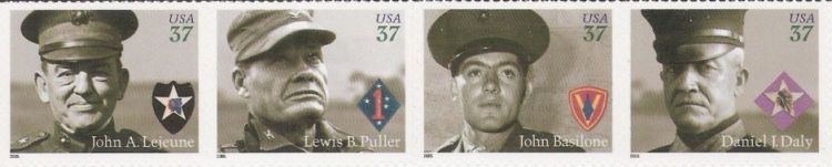 Strip of four 37-cent U.S. postage stamps picturing John A. Lejeune, Lewis B. Puller, John Basilone, and Daniel J. Daly