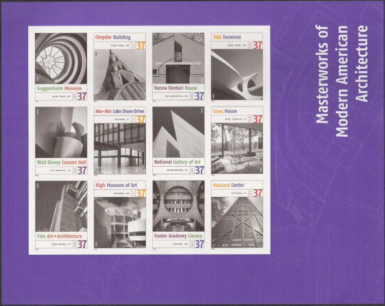 Sheet of 12 37-cent U.S. postage stamps picturing architectural features of buildings