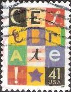 41-cent U.S. postage stamp picturing colored blocks spelling the word 'Celebrate'