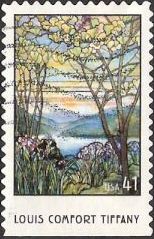 41-cent U.S. postage stamp picturing lake scene composed of Tiffany glass
