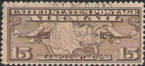 Brown 15-cent U.S. postage stamp picturing map of United States and two airplanes