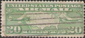 Green 20-cent U.S. postage stamp picturing map of United States and two airplanes
