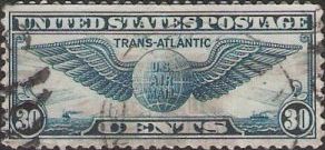 Blue 30-cent U.S. postage stamp picturing winged globe
