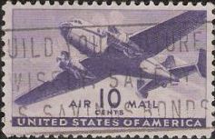 Purple 10-cent U.S. postage stamp picturing airplane