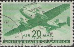 Green 20-cent U.S. postage stamp picturing airplane