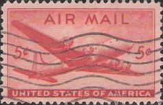 Red 5-cent U.S. postage stamp picturing airplane