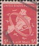 Red 5-cent U.S. postage stamp picturing map of New York City