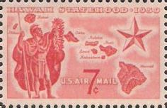 Red 7-cent U.S. postage stamp picturing map of Hawaii