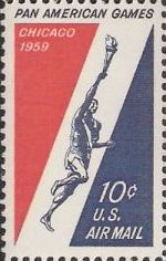 Red & blue 10-cent U.S. postage stamp picturing runner with torch