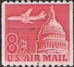 Red 8-cent U.S. postage stamp picturing airplane and U.S. Capitol