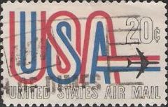 20-cent U.S. postage stamp picturing letters 'USA' and airplane