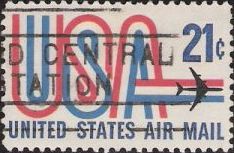 21-cent U.S. postage stamp picturing letters 'USA' and airplane