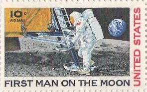10-cent U.S. postage stamp picturing astronaut at steps to lunar lander