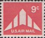 Red 9-cent U.S. postage stamp picturing silhouette of delta wing airplane