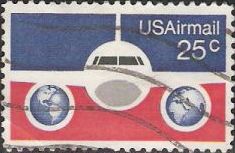 25-cent U.S. postage stamp picturing front of airplane and globes