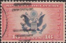 Red & blue 16-cent U.S. postage stamp picturing Great Seal of the United States