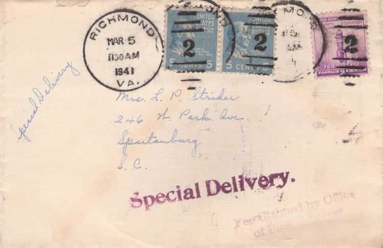 Cover bearing James Monroe and torch stamps