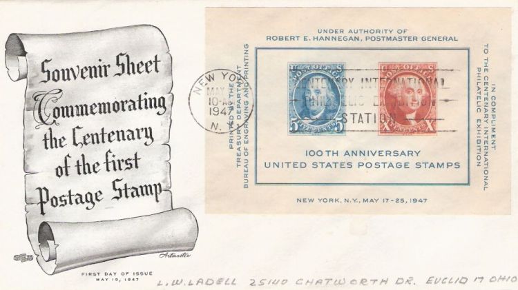 First day cover bearing souvenir sheet of Benjamin Franklin and George Washington stamps