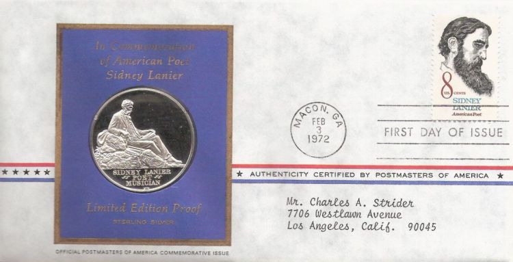 First day cover bearing 8-cent Sidney Lanier stamp
