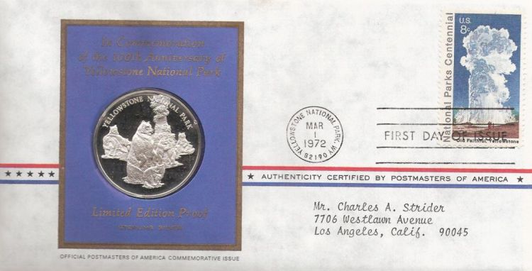 First day cover bearing 8-cent Old Faithful stamp
