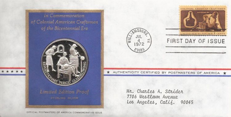 First day cover bearing 8-cent glass blower stamp