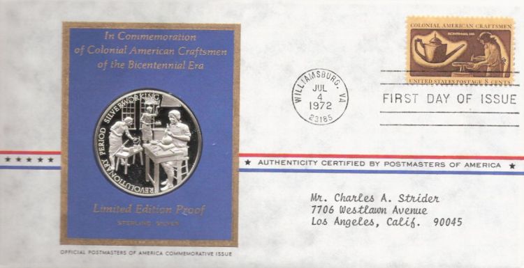 First day cover bearing 8-cent silversmith stamp
