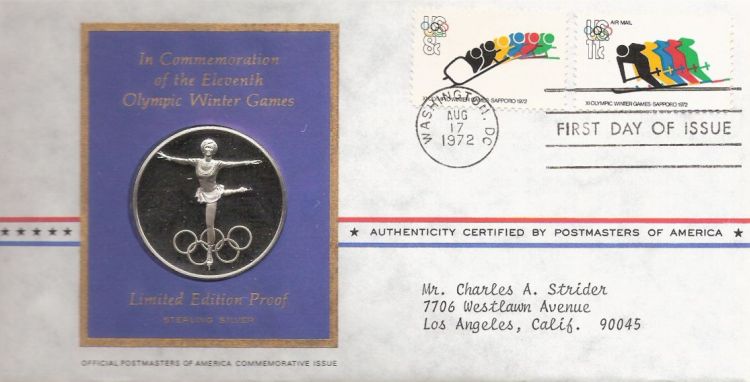 First day cover bearing two stamps picturing Olympians