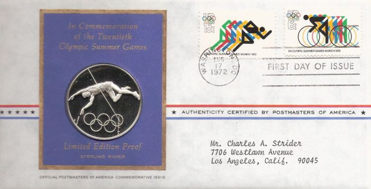 First day cover bearing two stamps picturing Olympians