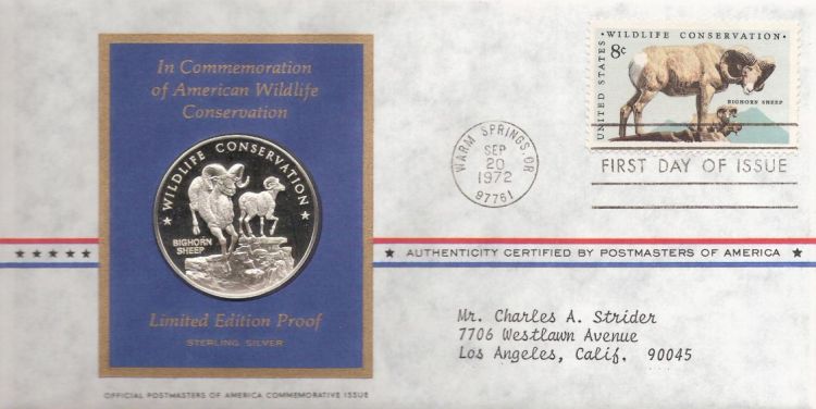 First day cover bearing 8-cent bighorn sheep stamp