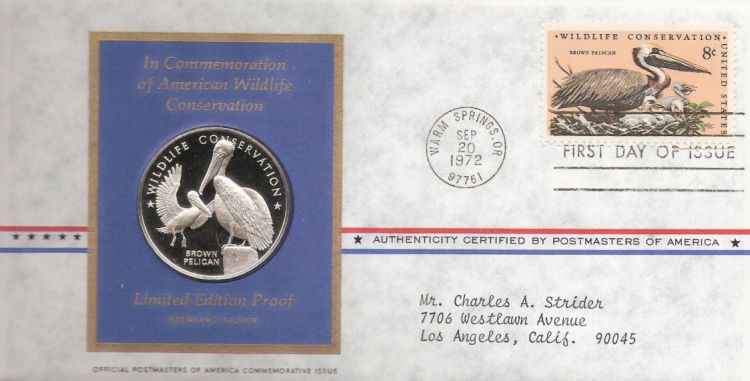 First day cover bearing 8-cent brown pelican stamp