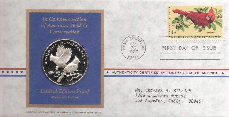 First day cover bearing 8-cent cardinal stamp