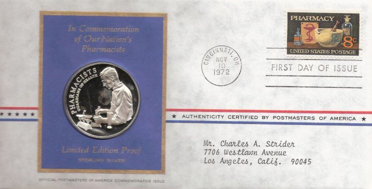 First day cover bearing 8-cent pharmacy stamp