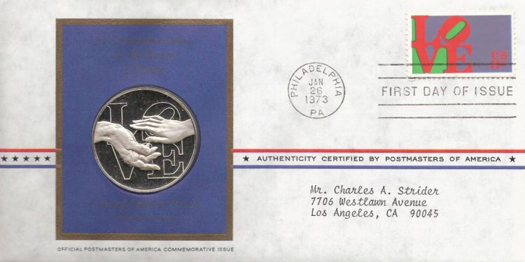 First day cover bearing 8-cent love stamp