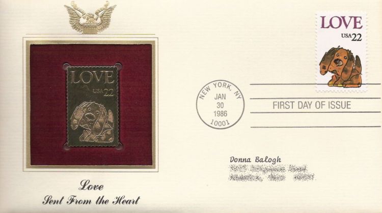 First day cover bearing 22-cent love stamp