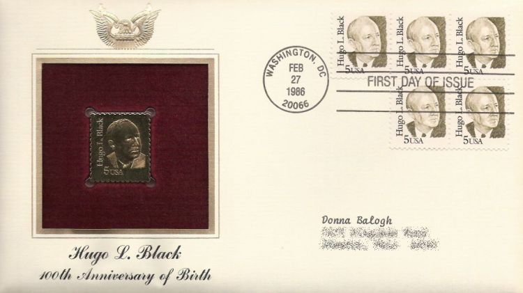 First day cover bearing five 5-cent Hugo L. Black stamps