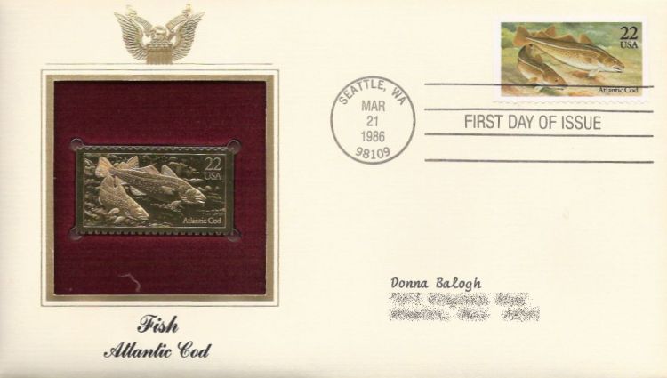 First day cover bearing 22-cent Atlantic cod stamp